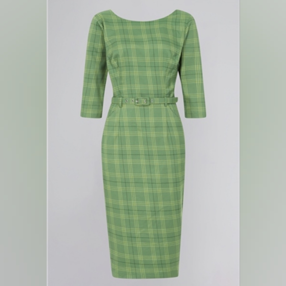 NWOT Collectif Adaline Leaf Check Green Plaid Fitted Wiggle Dress